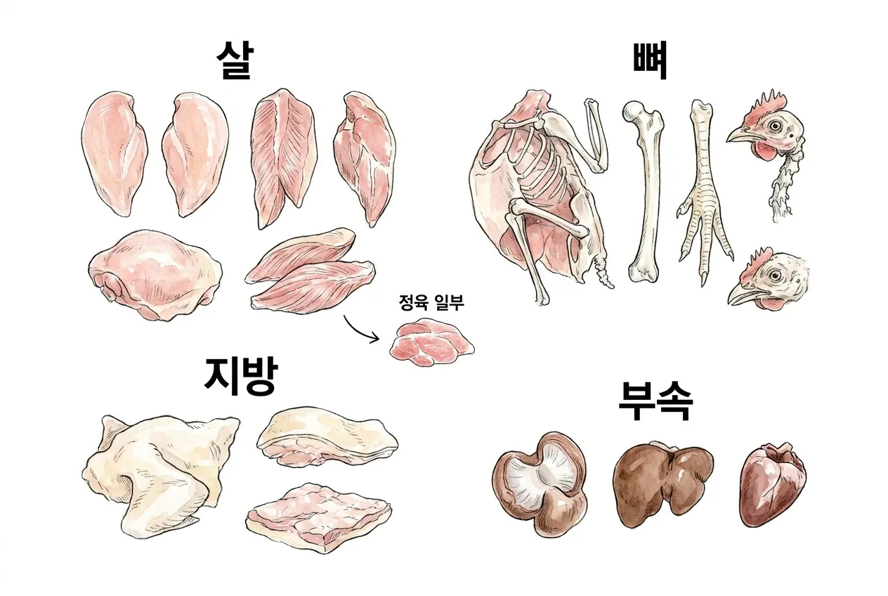 닭 도체를 살·뼈·지방(껍질)·부속 네 부위군으로 나눈 구조 지도와 정육이 일부에 불과함을 보여 주는 라벨