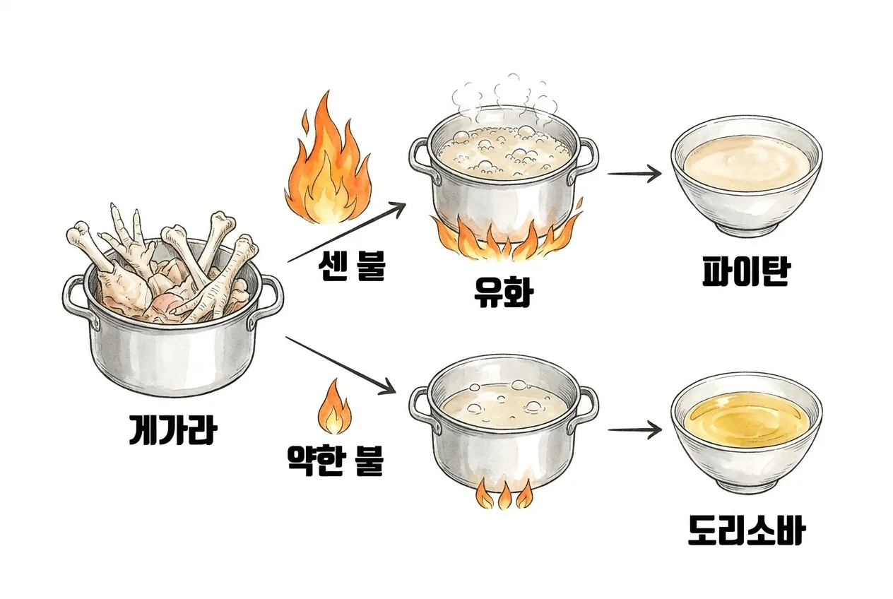 같은 토리가라가 센 불의 유화를 거쳐 뽀얀 파이탄으로, 약한 불의 조용한 우림을 거쳐 맑은 토리소바로 갈리는 분기 순서도