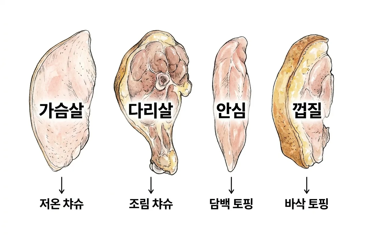 닭가슴·다리살·안심·껍질의 단면과 각자 가는 자리(저온 차슈·조림 차슈·담백 토핑·바삭 토핑)를 표시한 부위별 비교 다이어그램