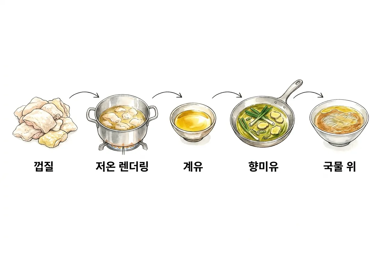 닭 껍질·지방을 낮은 온도에서 녹여 계유를 얻고 파·생강 향을 입혀 향미유가 되어 국물 위에 뜨는 순서도