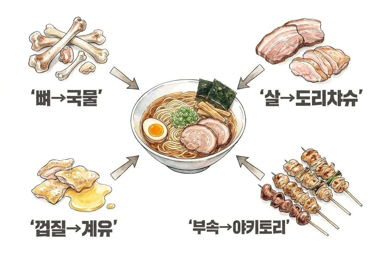 뼈는 국물·살은 토리차슈·껍질은 계유·부속은 야키토리로 화살표가 라멘 한 그릇에 모이는 통합 지도 다이어그램