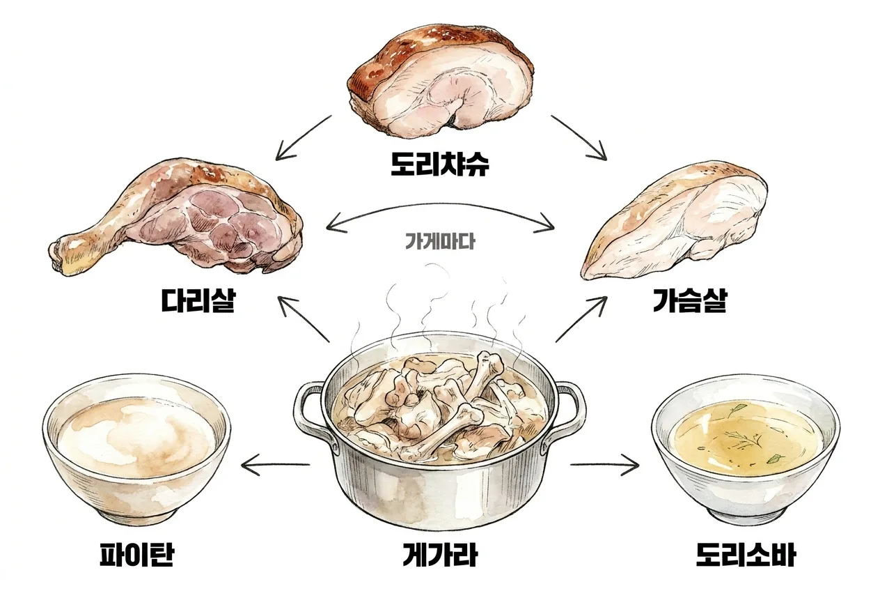 같은 부위라도 가게·지역에 따라 다른 자리로 갈리는 변주를 보여 주는 다이어그램 — 다리살과 가슴살 토리차슈, 세게 끓인 파이탄과 조용히 우린 토리소바로 갈라지는 화살표