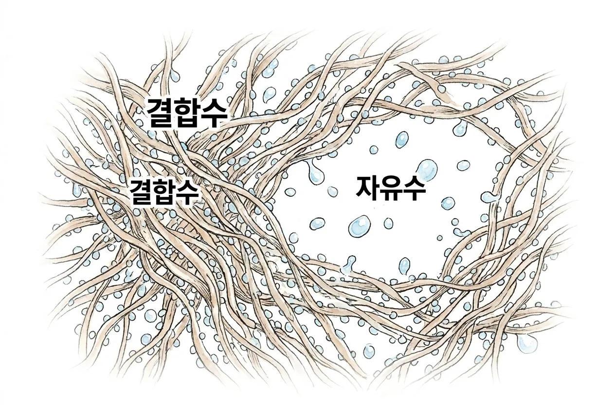 밀가루 단백질에 단단히 붙은 결합수와 자유롭게 도는 자유수가 반죽 성질을 다르게 만드는 것을 보여 주는 개념도