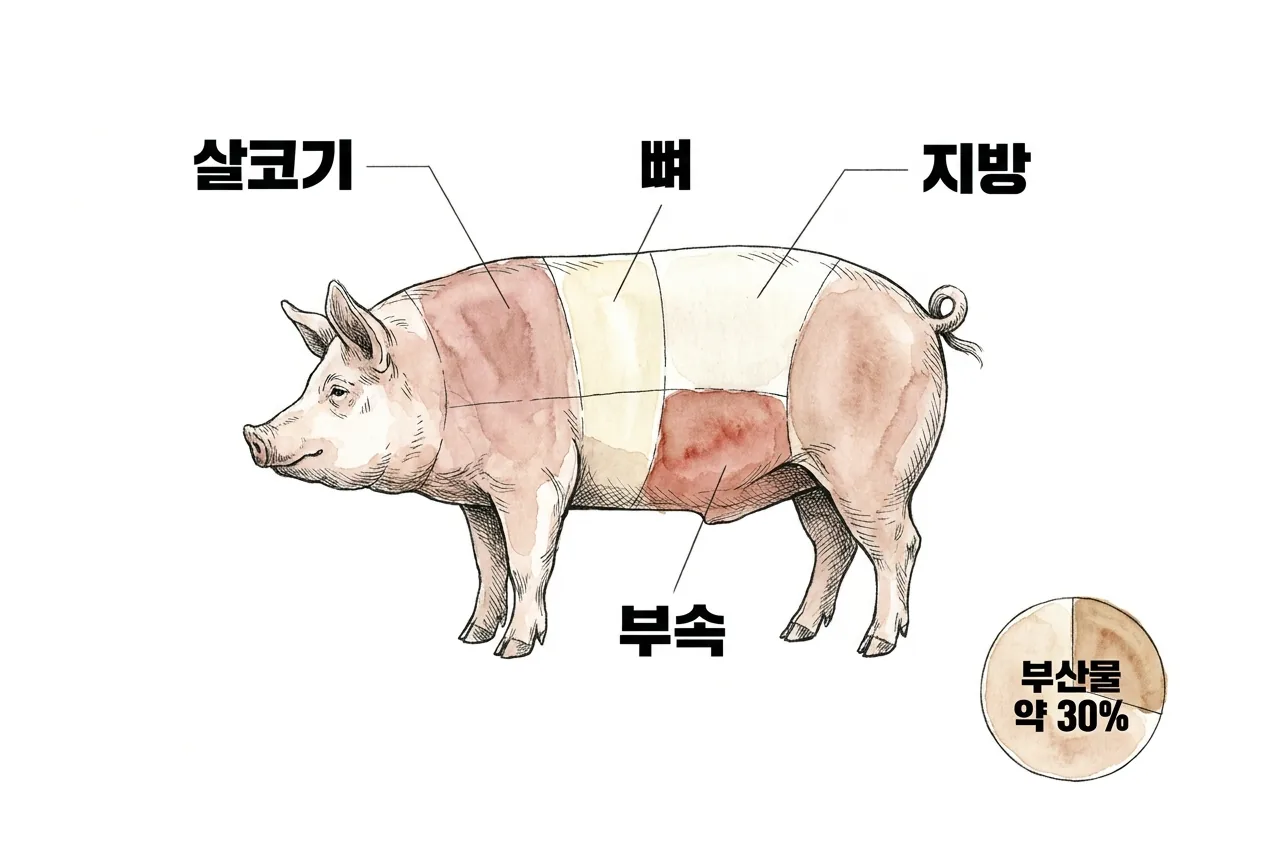 돼지 도체를 살코기·뼈·지방·부속 네 부위군으로 나눈 구조 지도와 부산물이 생체중 약 30%임을 보여 주는 라벨