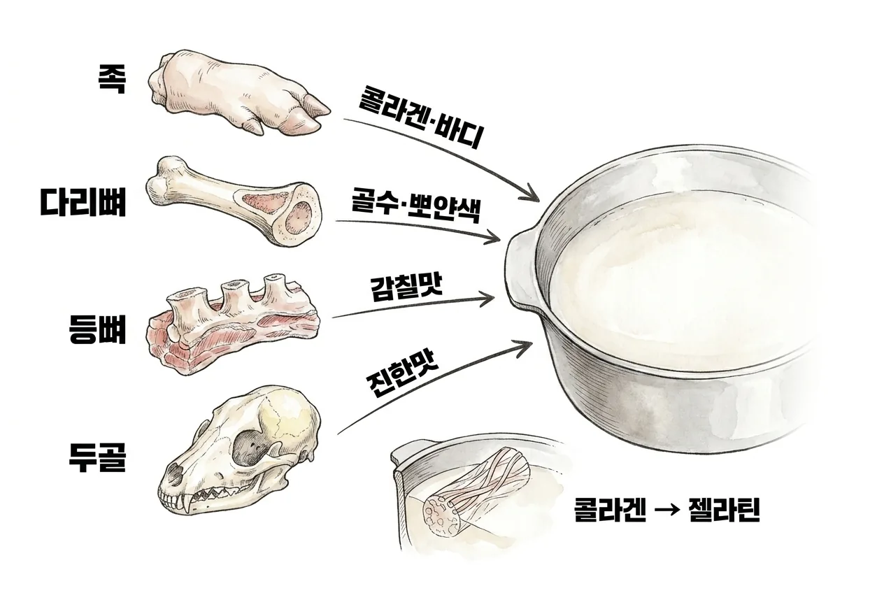족·다리뼈·등뼈·두골이 각각 콜라겐·골수·감칠맛·진한맛으로 국물에 기여하는 원리 다이어그램