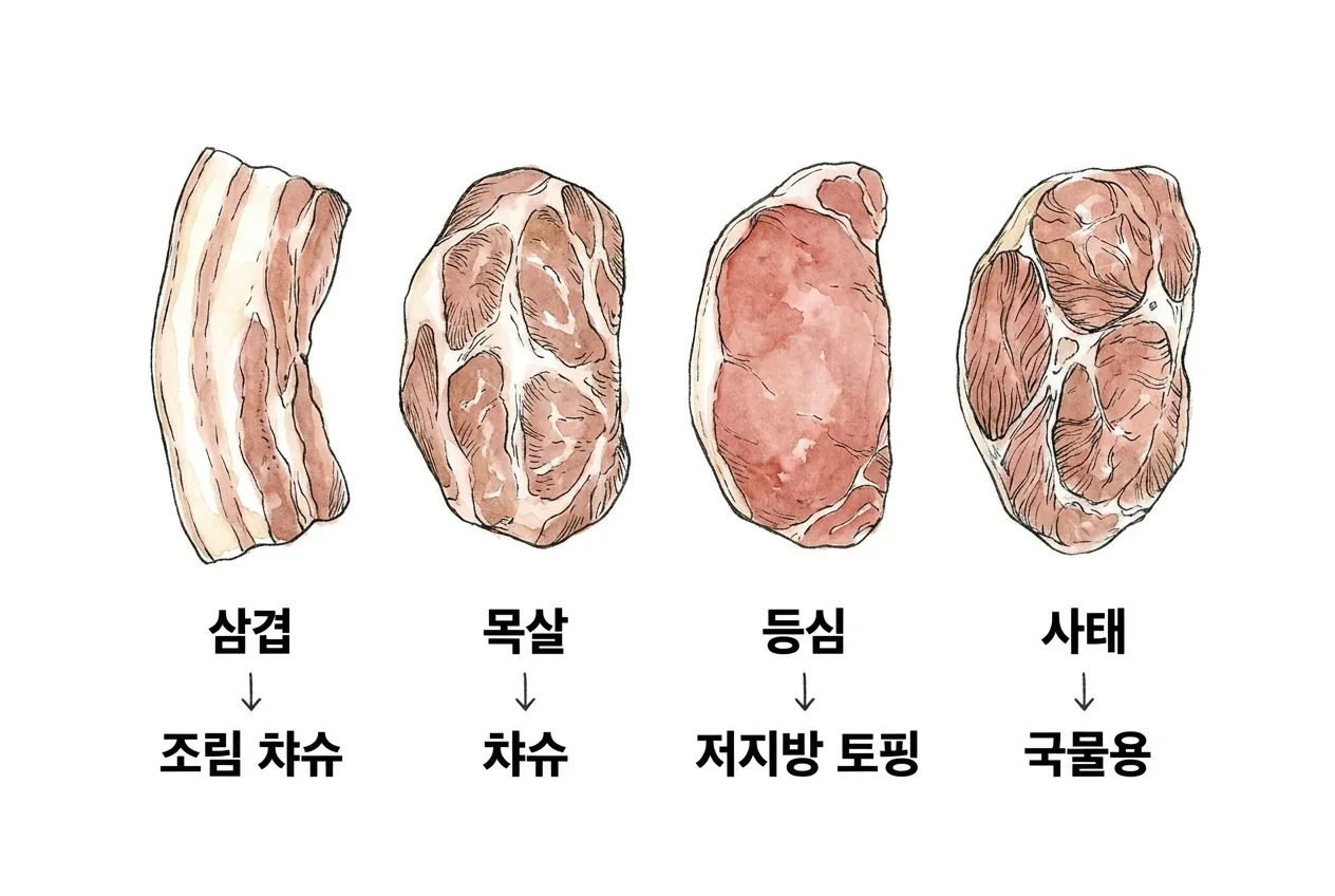 삼겹·목살·등심·사태의 단면을 나란히 비교하고 각자 가는 자리를 표시한 부위별 비교 다이어그램