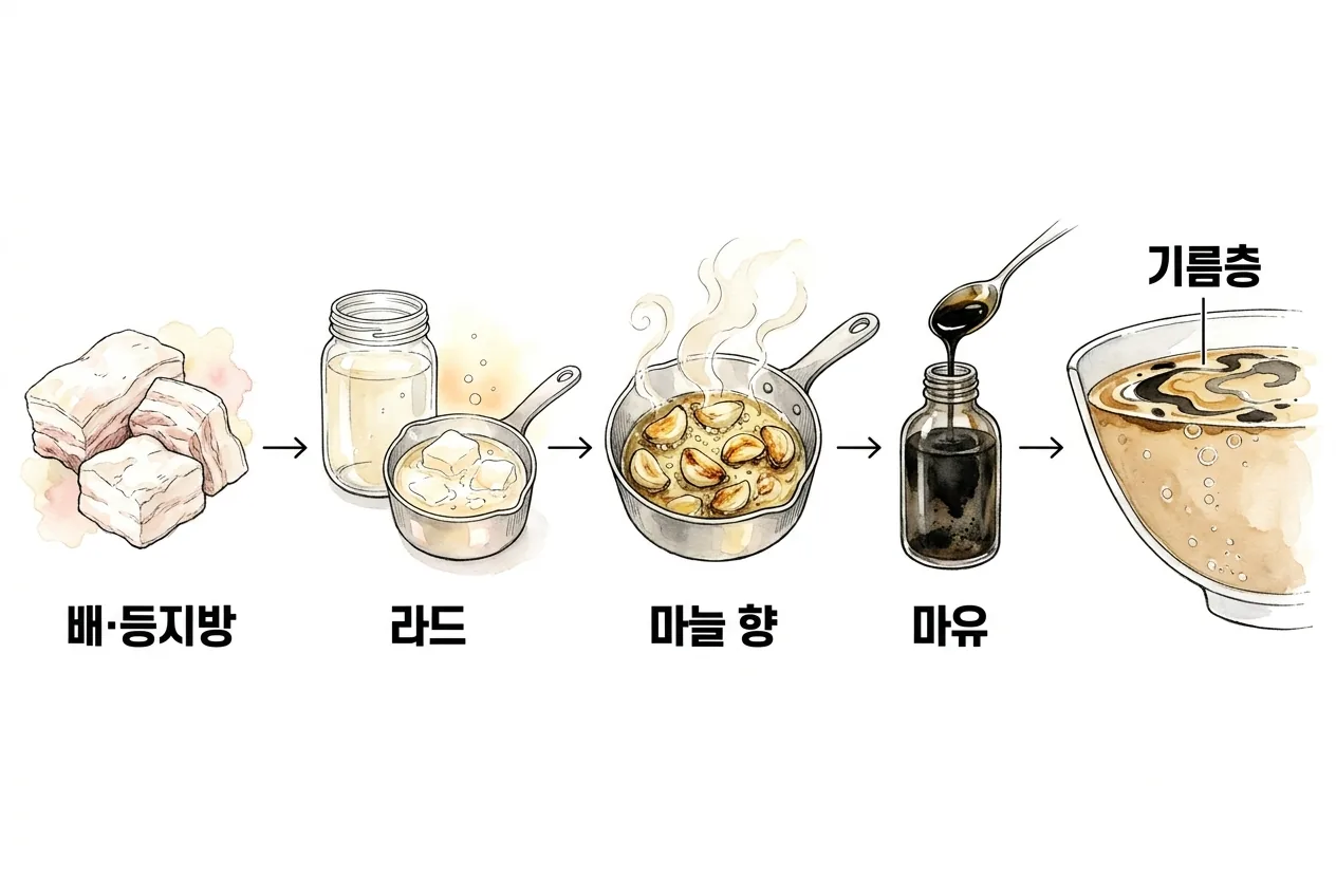 배지방·등지방이 라드로 녹고 마늘로 향을 입혀 마유가 되어 국물 위 기름층으로 뜨는 순서도