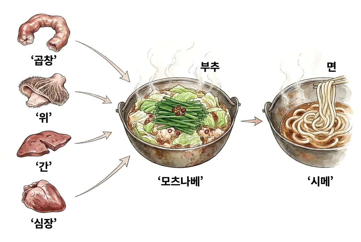 곱창·위·간·심장 부속이 후쿠오카 모츠나베 냄비로 들어가고 남은 국물에 면을 마는 시메로 이어지는 순서도