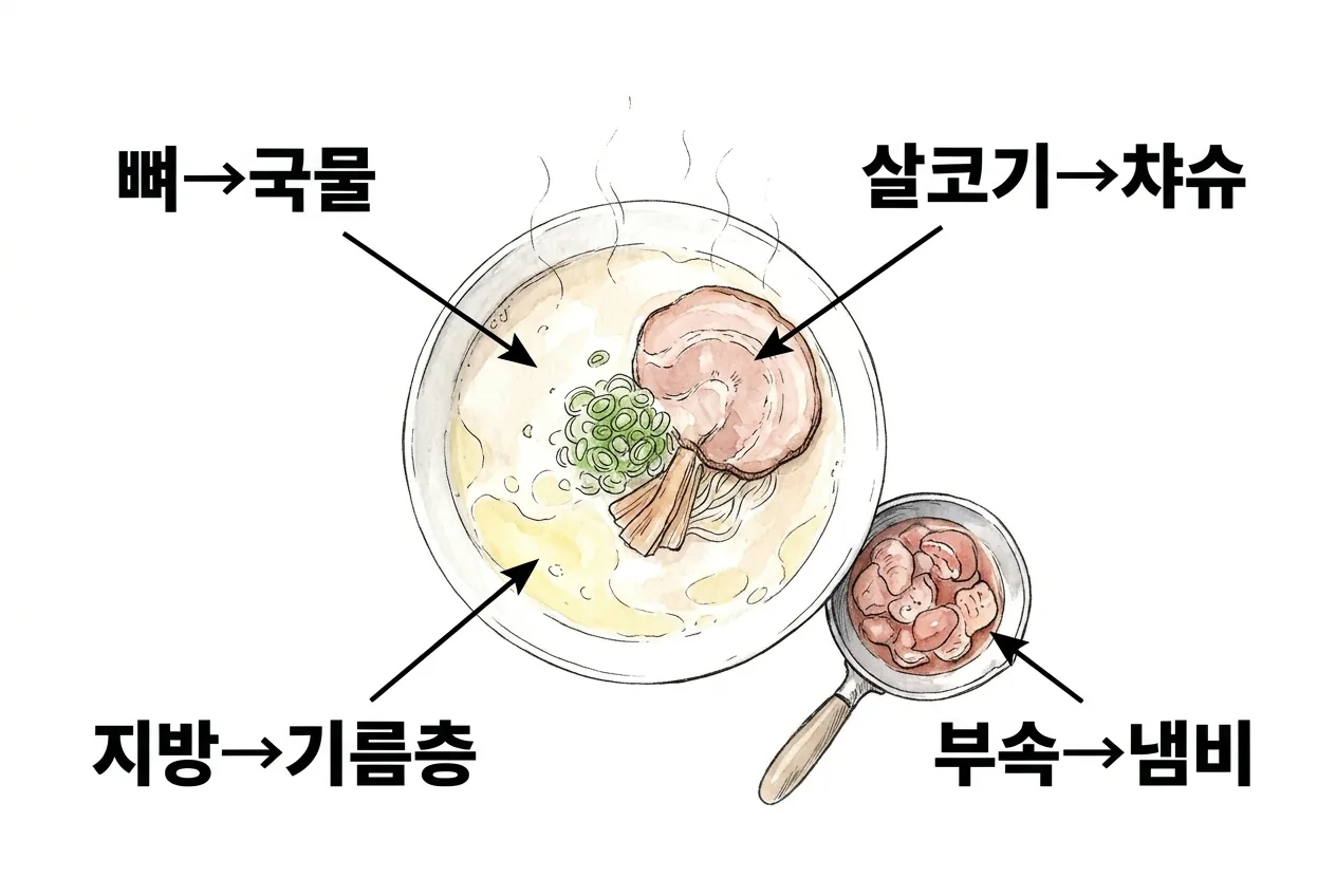 뼈는 국물·살코기는 차슈·지방은 기름층·부속은 냄비로 화살표가 라멘 한 그릇에 모이는 통합 지도 다이어그램