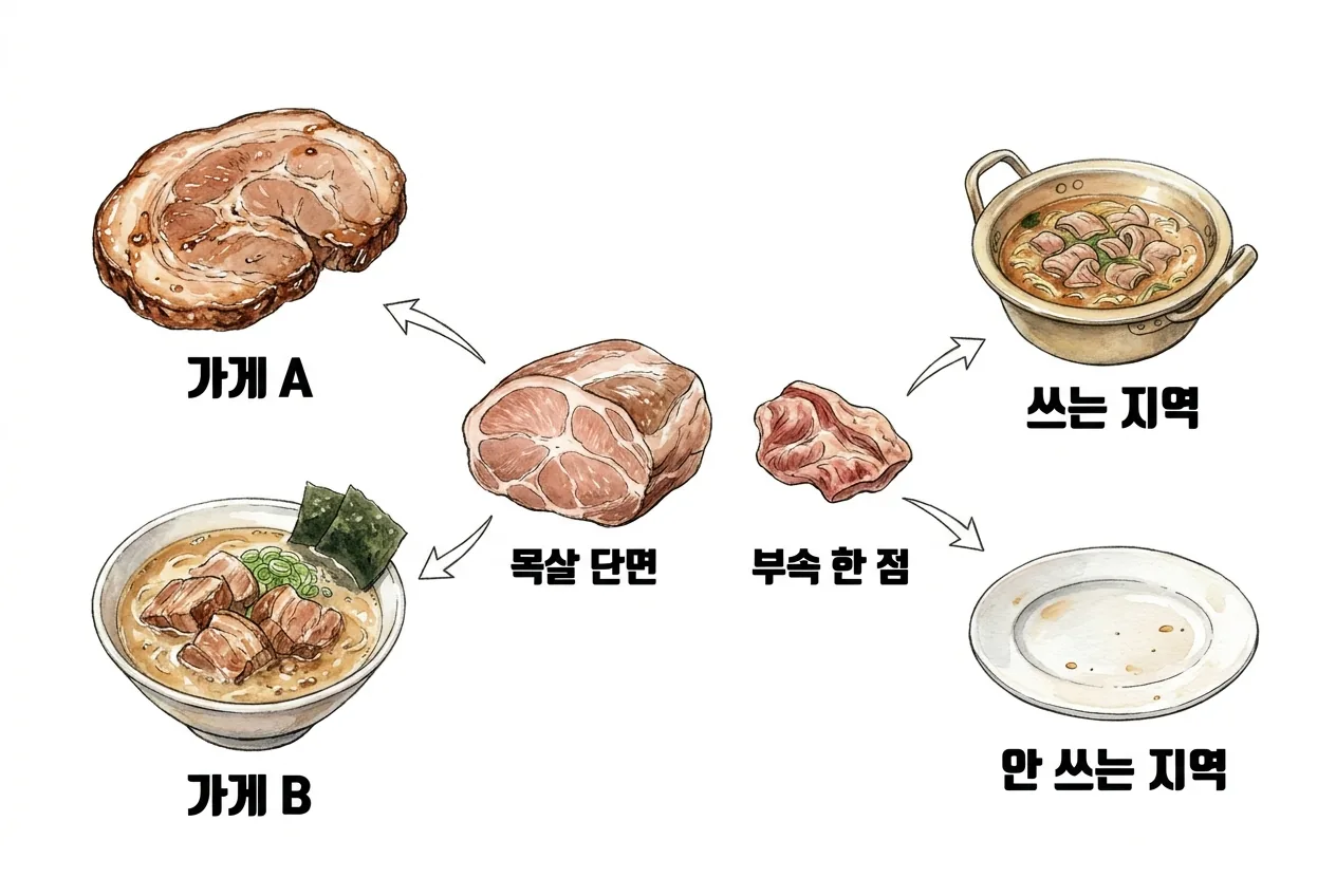 같은 부위가 가게·지역에 따라 다른 자리로 배정되는 경향의 변주를 보여 주는 비교 다이어그램