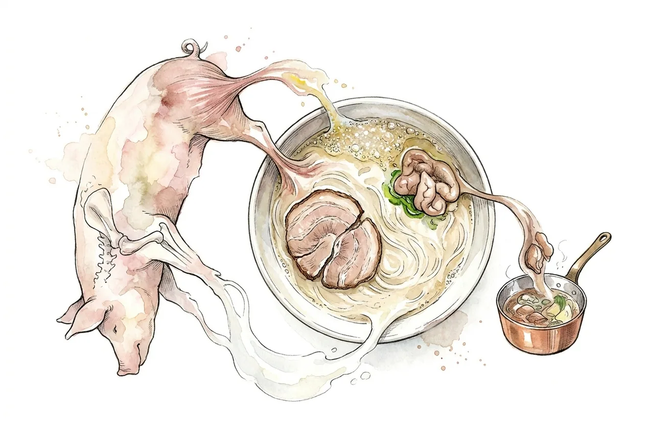돼지 한 마리가 라멘 한 그릇으로 흩어지는 지도, 뼈·살·지방·부속이 갈리는 자리