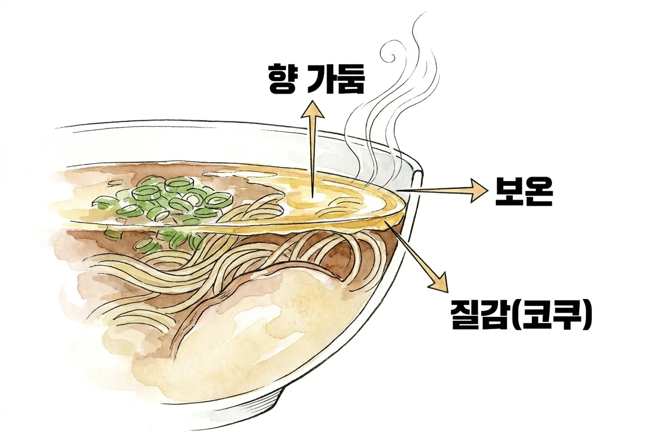 국물 위에 뜬 기름층이 향 가둠·보온·질감의 세 가지 일을 하는 그릇 단면 원리 그림
