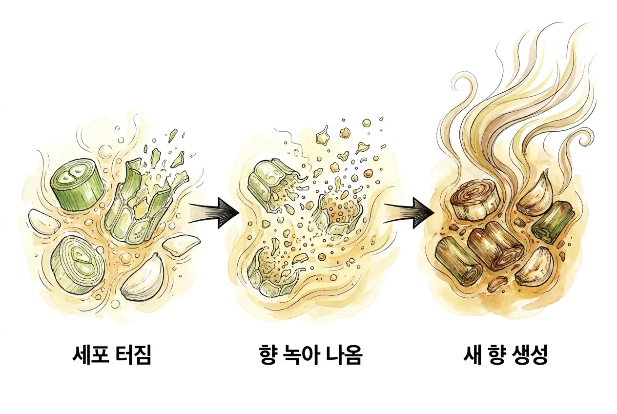 데운 기름에서 파·마늘 세포가 터져 향이 녹아 나오고 가열로 새 향이 생기는 3단계 순서도