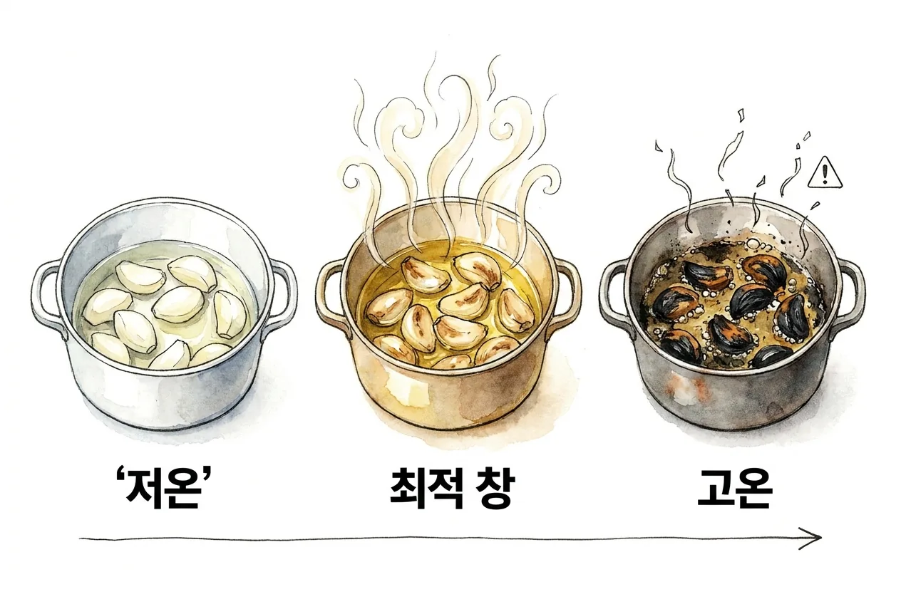 향미유를 낼 때 저온·최적 창·고온 세 온도 구간에서 향이 어떻게 달라지는지 비교한 다이어그램