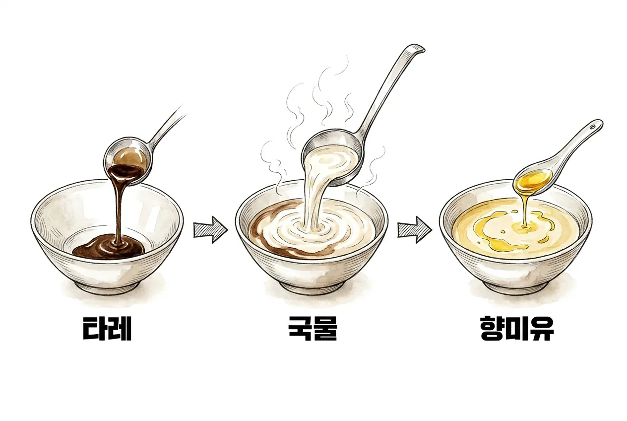 빈 그릇에 타레를 깔고 국물을 부은 뒤 향미유를 얹어 라멘 한 그릇이 완성되는 조립 순서도