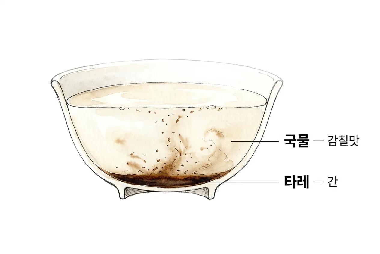 짠맛과 이름은 타레가, 감칠맛 몸통은 국물이 맡는 역할 분담을 라멘 그릇 단면으로 보여 주는 원리 다이어그램