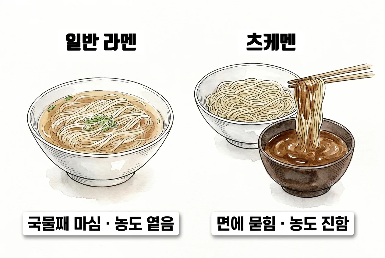 일반 라멘은 면이 국물에 잠겨 국물째 마셔 농도가 낮고, 츠케멘은 면과 국물을 분리해 면에 묻혀 먹어 농도가 진한 비교 다이어그램
