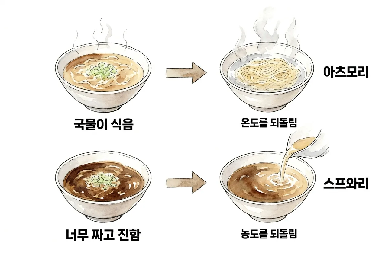 국물이 식는 문제는 아츠모리로 온도를, 국물이 너무 짜고 진한 문제는 스프와리로 농도를 되돌리는 두 갈래 다이어그램